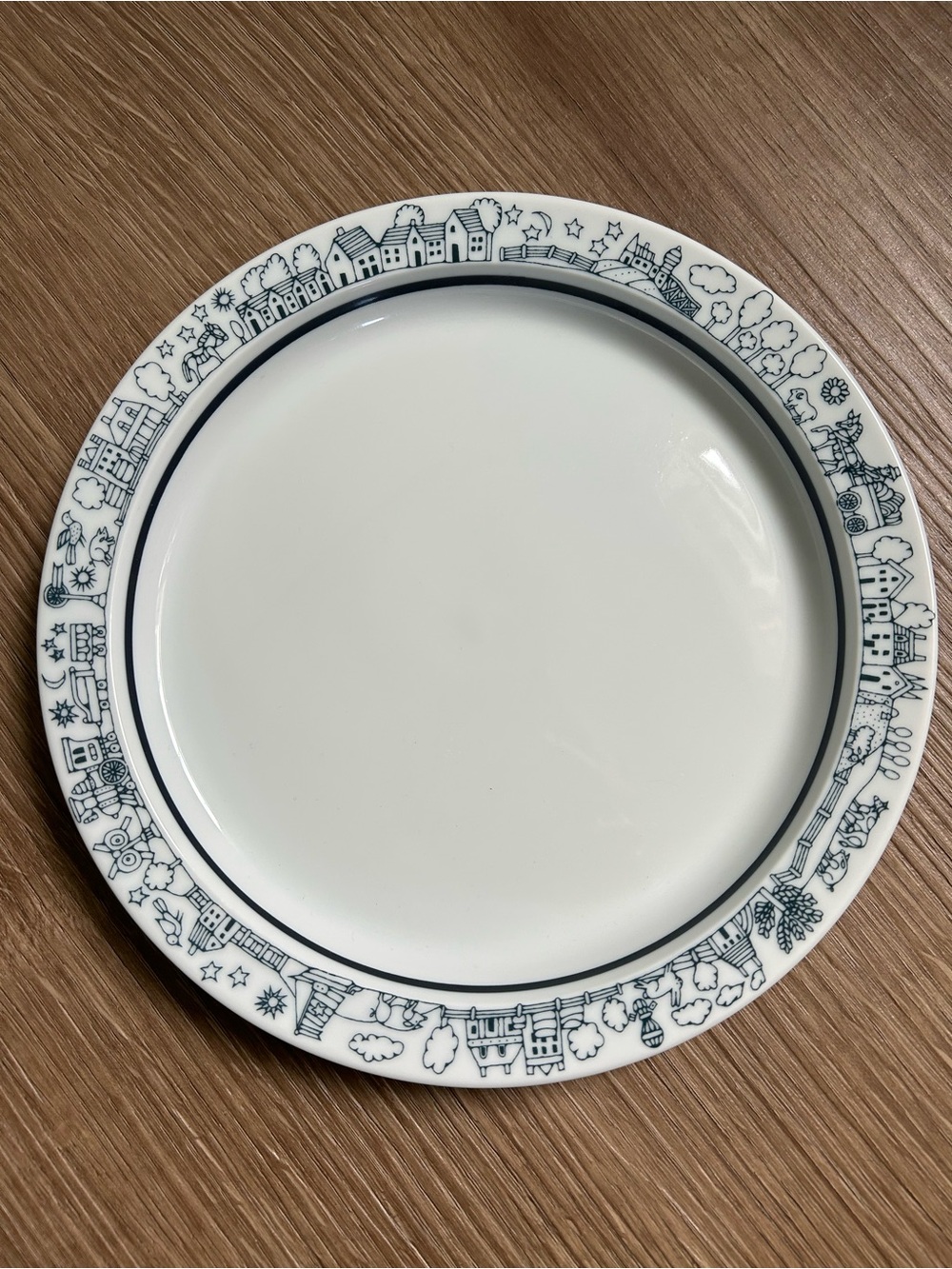 Dansk Bistro White Plate with Blue Illustrated Farm Village Border